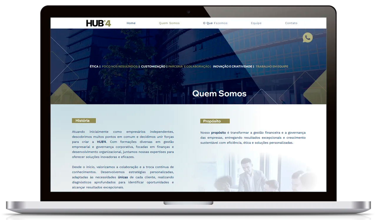 Página Quem Somos do site da HUB4 exibida em um laptop